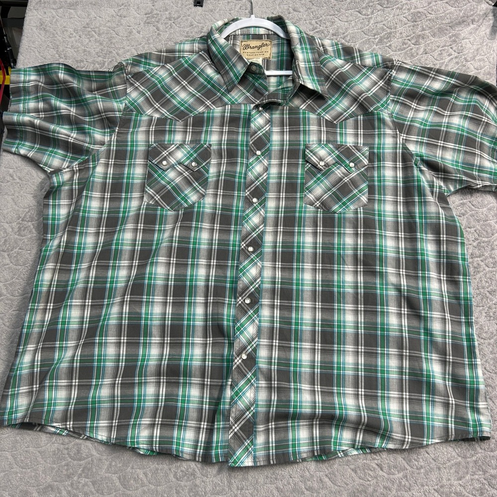 Wrangler Mens 3XL Big Western Snap Shirt Green Grey Plaid Short Sleeve WM1103Y